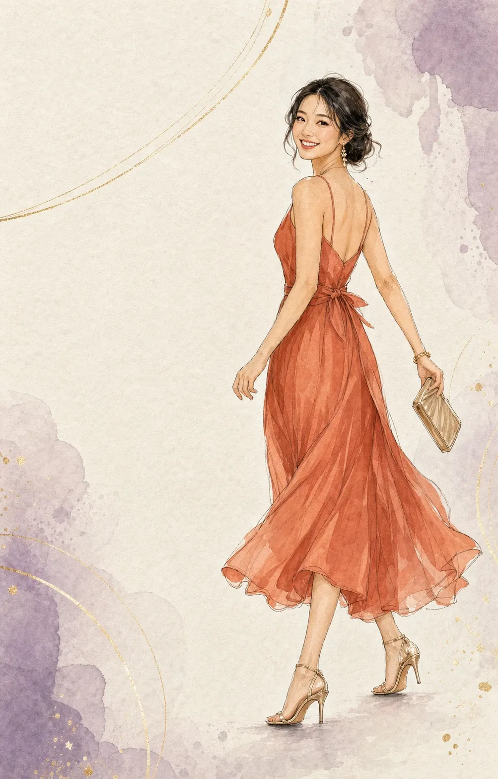 A guest in a coral dress mid-step, glancing back over her shoulder