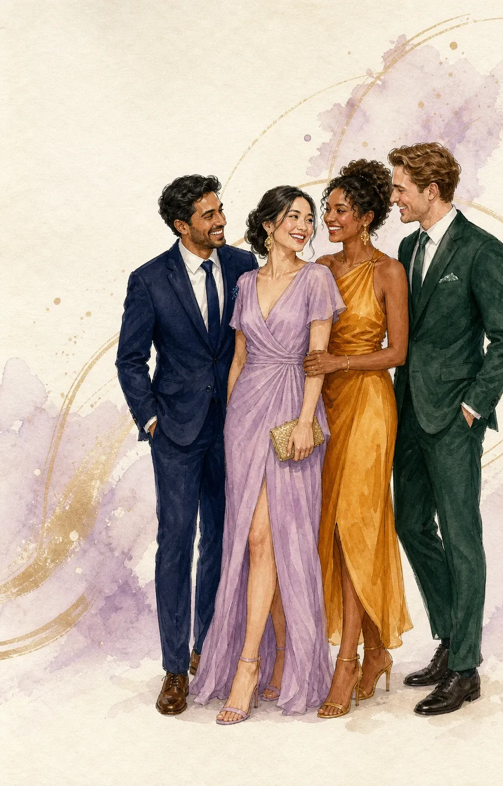 Four guests in a loose cluster, angled towards each other and laughing