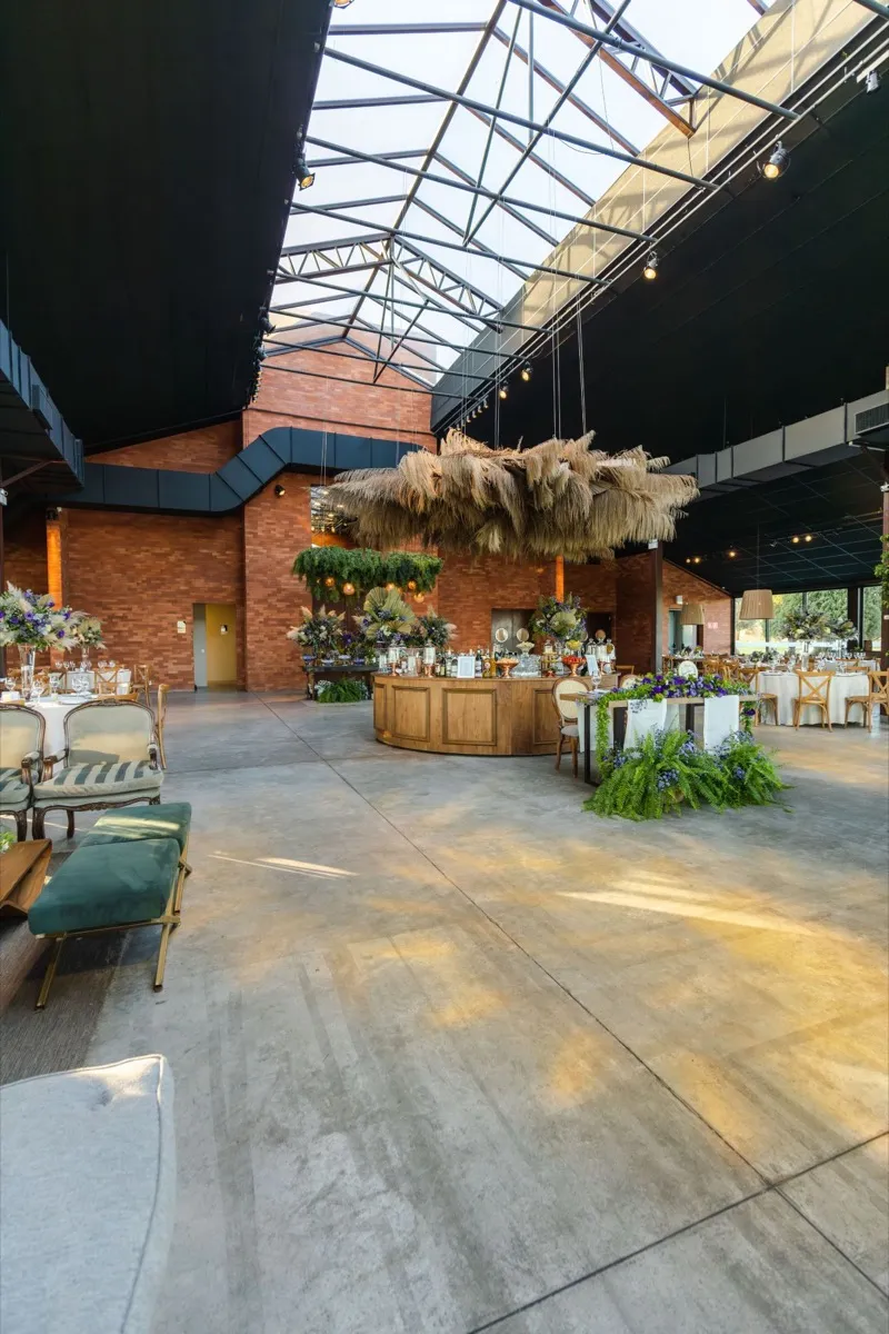 A warm restaurant dining room dressed for a wedding