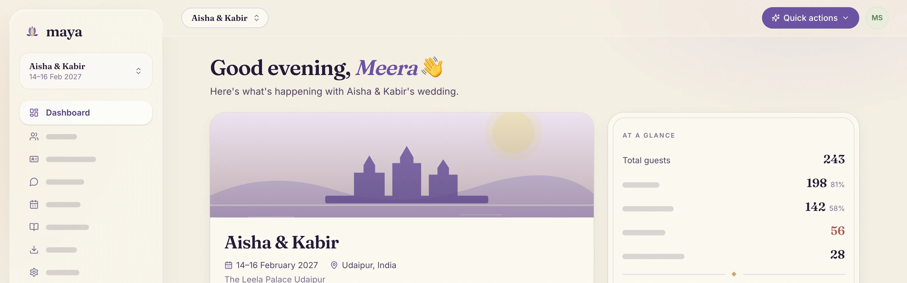 A glimpse of the Maya planner dashboard: a calm cream workspace greeting the planner, with a wedding overview card and at-a-glance guest numbers - 243 guests tracked
